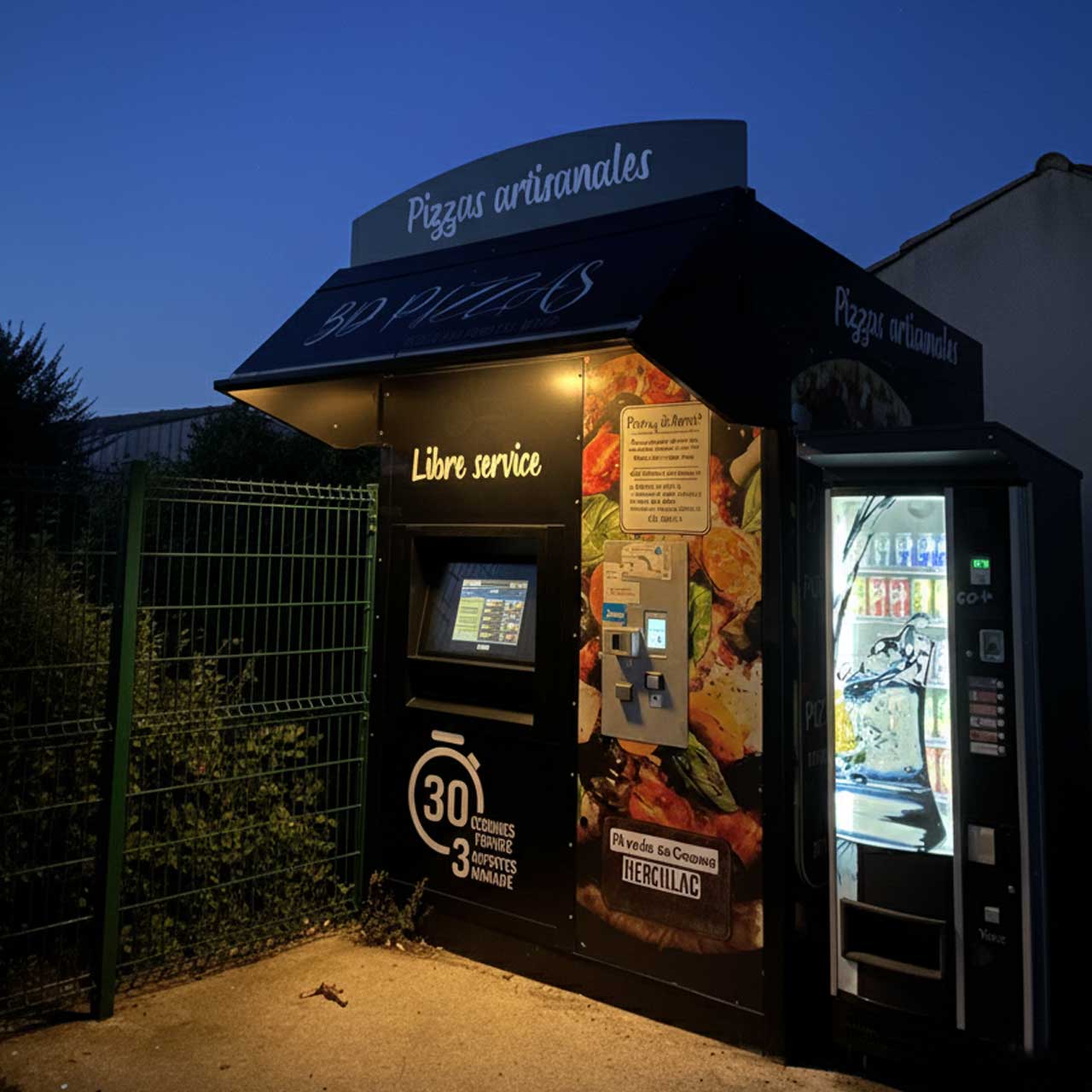 Distributeur BD Pizzas éclairé la nuit – Pizzas chaudes à minuit, même à Genté ou Saint-Brice