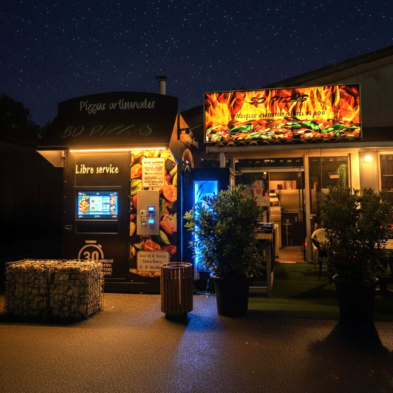 Distributeur BD Pizzas illuminé la nuit – Craquez pour une pizza chaude en rentrant de Réparsac ou Saint-Brice