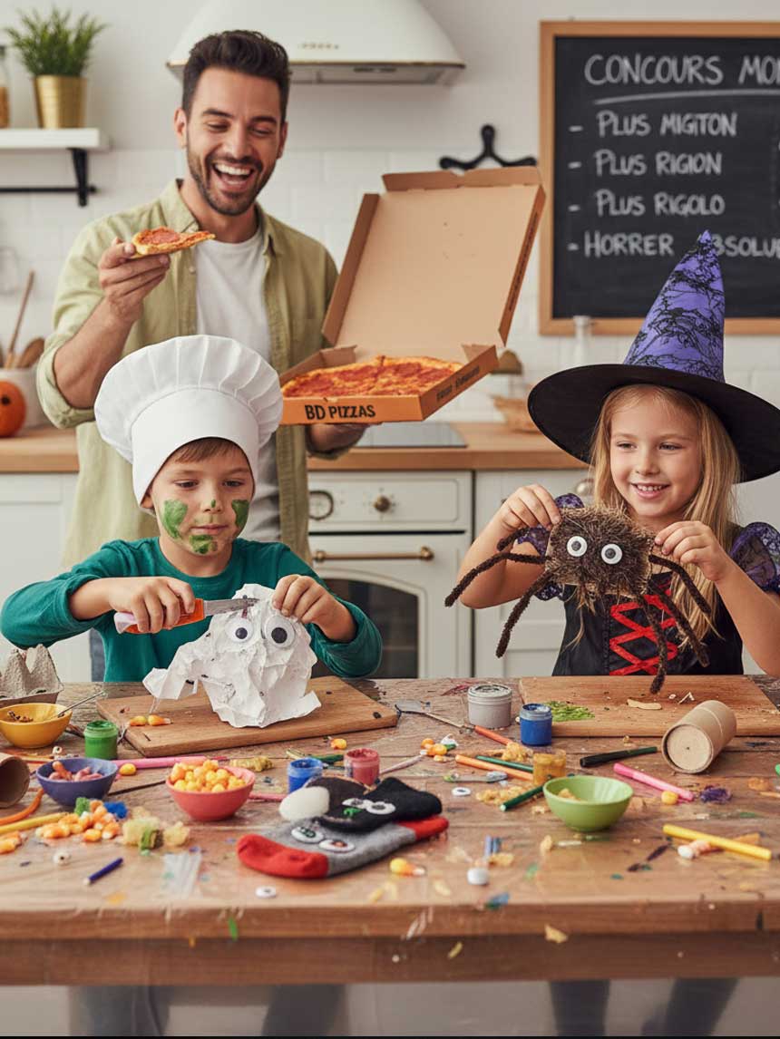 Atelier créatif : enfants fabriquant des monstres d'Halloween avec des matériaux recyclés