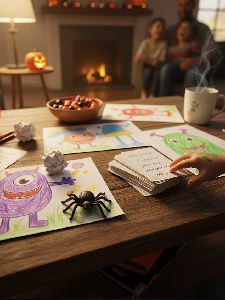 Enfants excités préparant des décorations d'Halloween, avec des éléments suggérant une soirée pizza